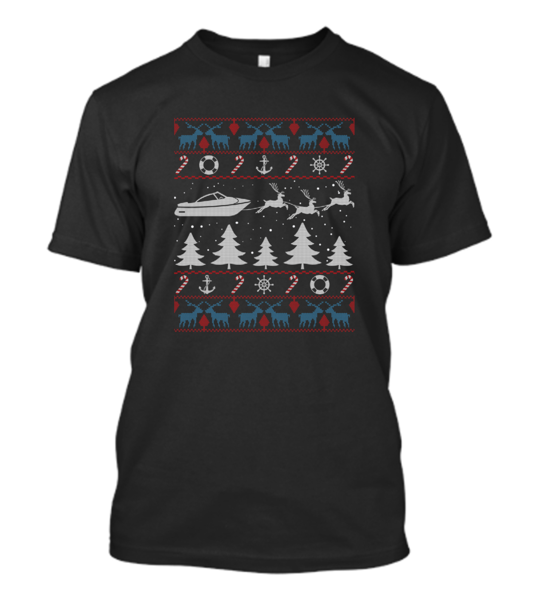 Funny Cano Boat Christmas Ugly Sweater Reindeer Trees Nordic T-Shirt