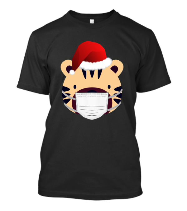 Funny Cute Big Face Tiger Wearing Red Santa Hat Mask T-Shirt