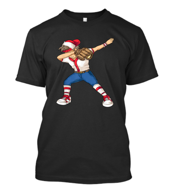 Dabbing Cartoon Baseball Pitcher With Red Cap And Striped Socks T-Shirt