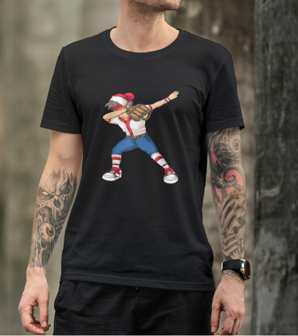 Dabbing Cartoon Baseball Pitcher With Red Cap And Striped Socks T-Shirt