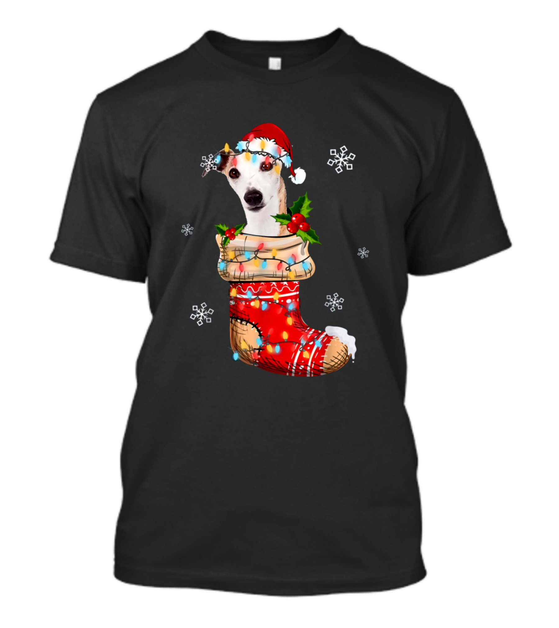 Whippet In Christmas Sock With Santa Hat And Lights T-Shirt