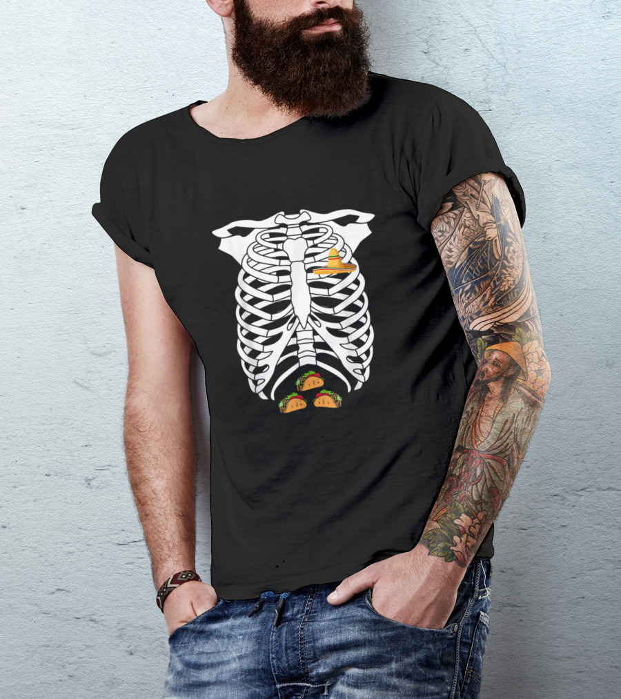 Skeleton X-Ray With Tacos And Sombrero Halloween Mexican Food T-Shirt