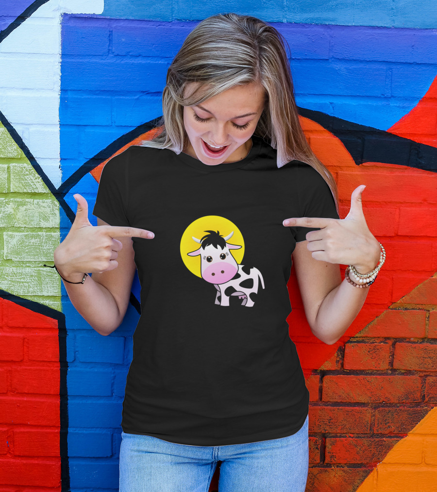 Holy Cow Kawaii Shocked Cow With Yellow Moon T-Shirt