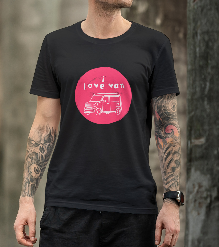 I Love Van Simple Line Drawing On Pink Circle Background T-Shirt