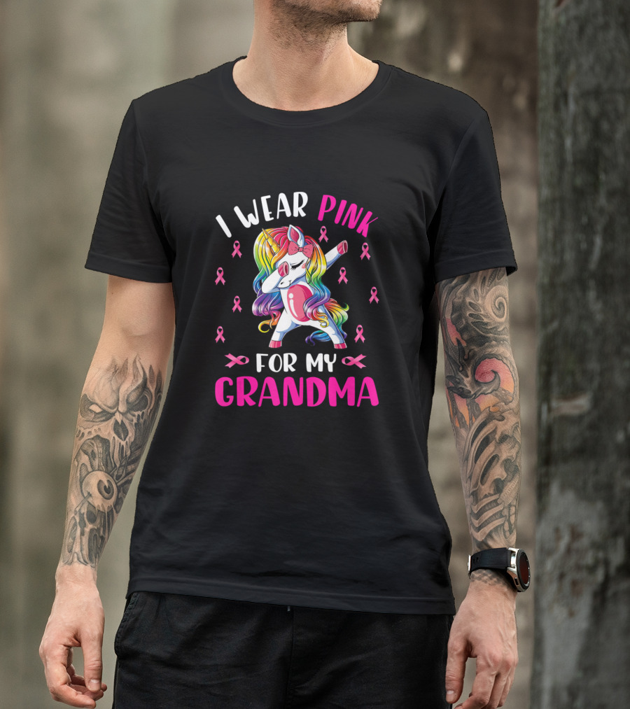I Wear Pink For My Grandma Unicorn Dabbing With Pink Ribbons T-Shirt