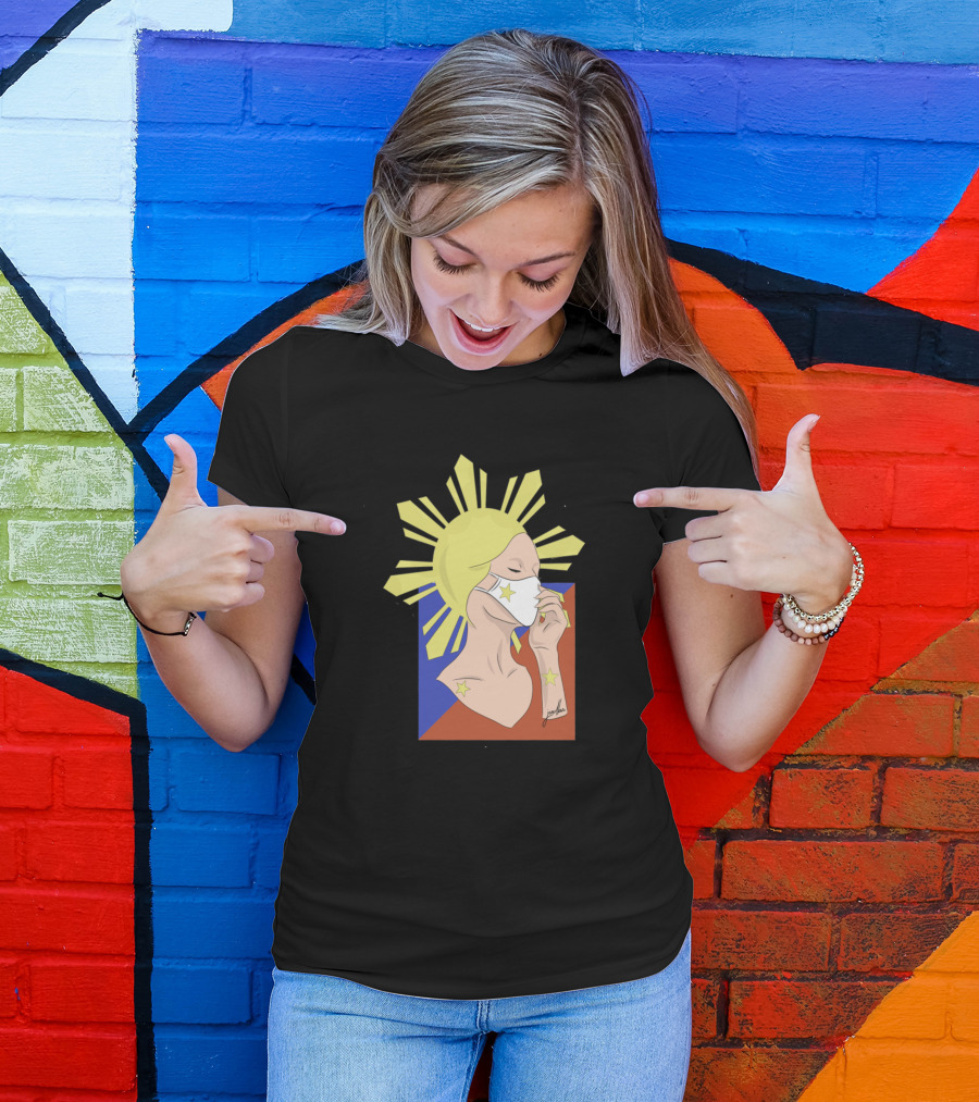 Inang Bayan Masked Lady With Philippine Flag Elements And Sunburst Motif T-Shirt