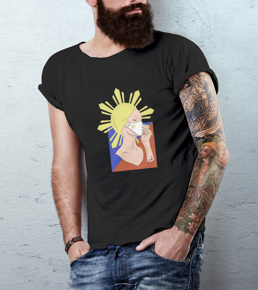 Inang Bayan Masked Lady With Philippine Flag Elements And Sunburst Motif T-Shirt