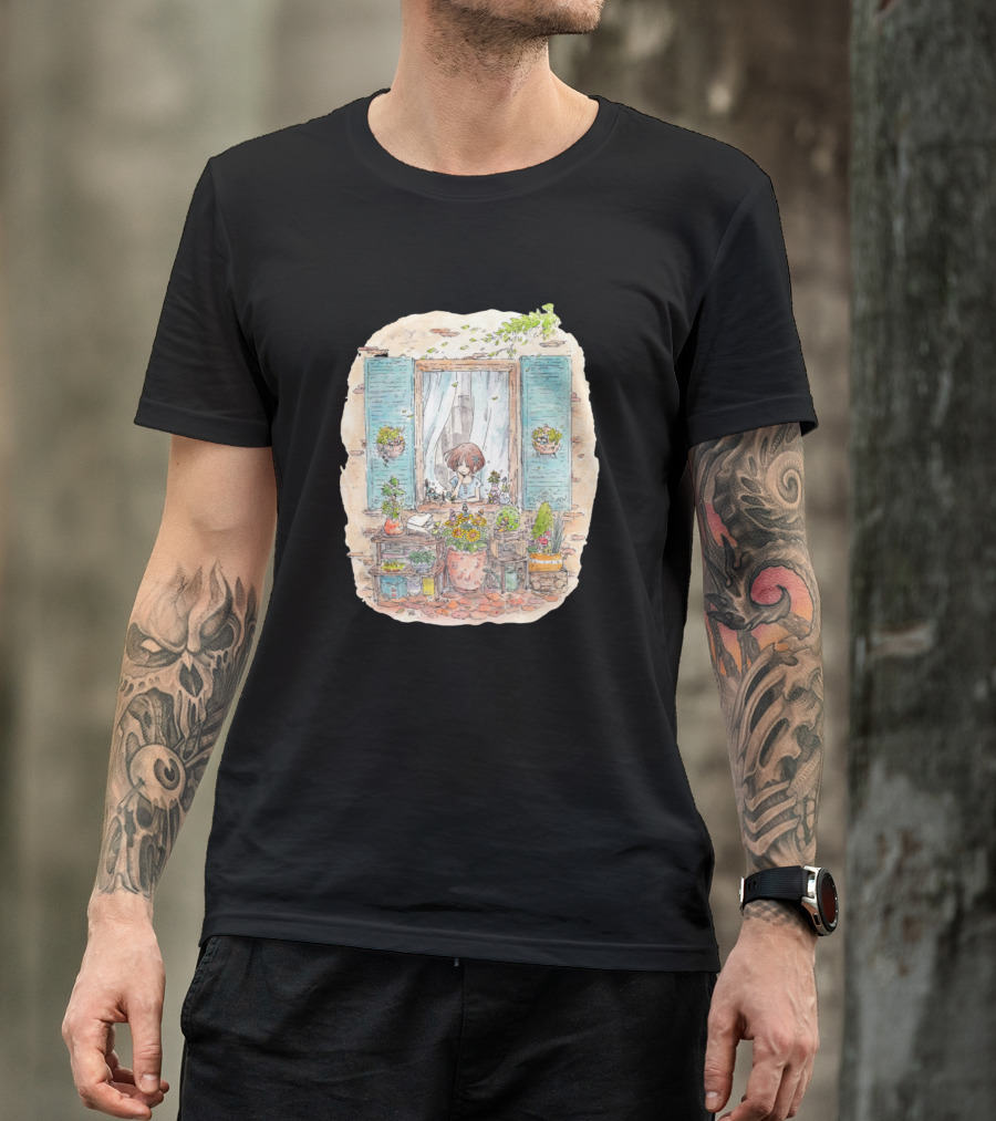 Live At Window Side With Flower Pots And Blue Shutters T-Shirt