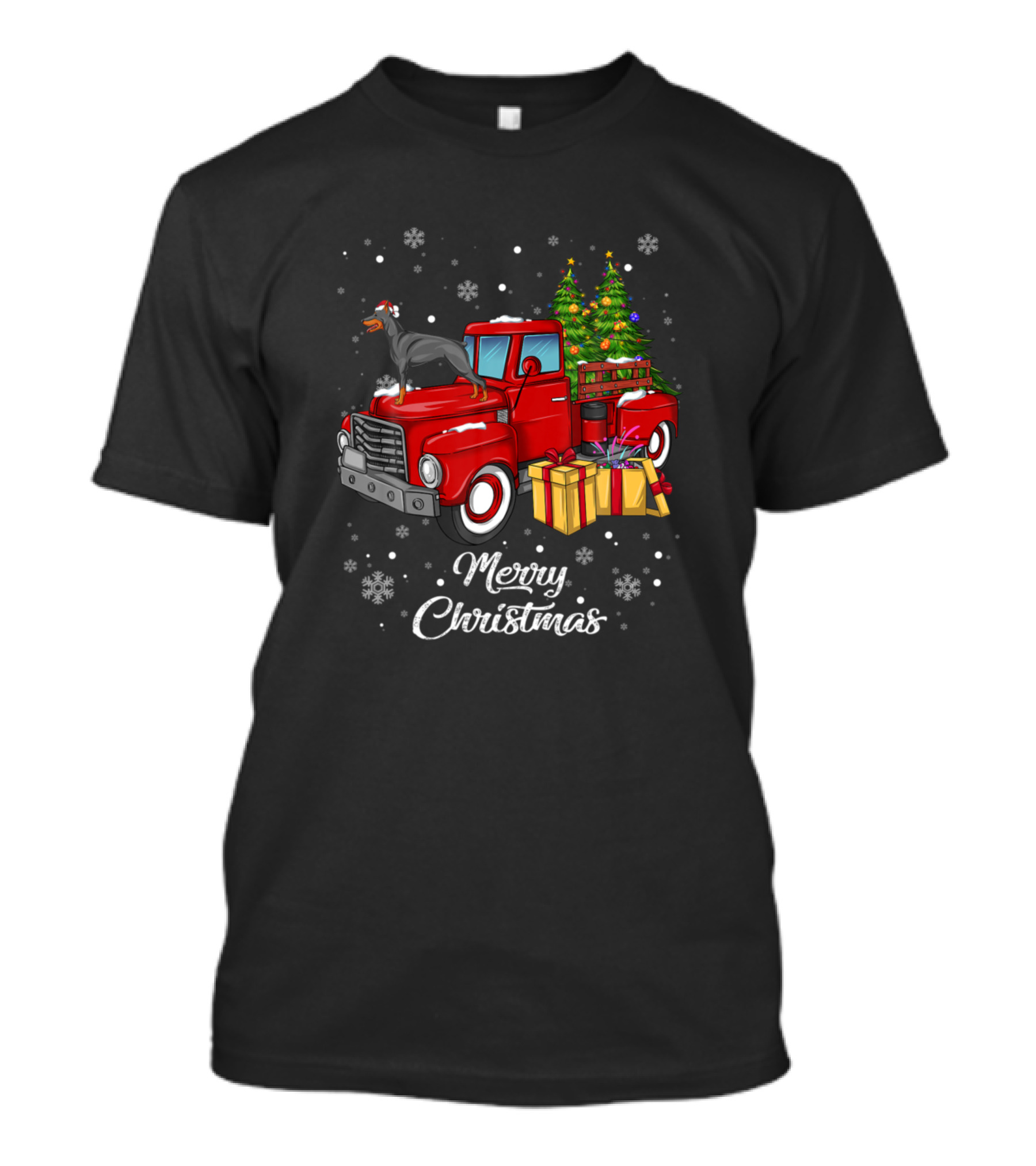 Doberman Pinscher On Red Truck Merry Christmas With Snowflakes And Gifts T-Shirt