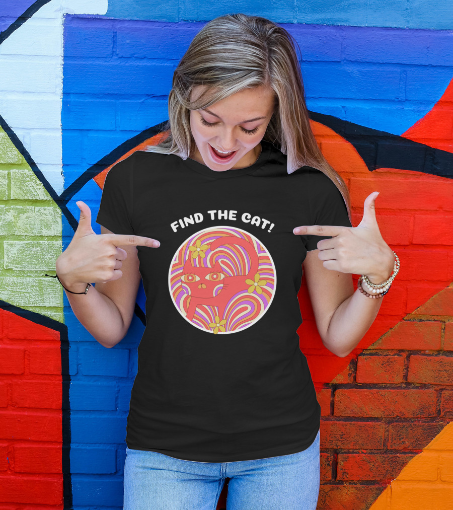 FIND THE CAT Retro Groovy Colorful Flowers T-Shirt