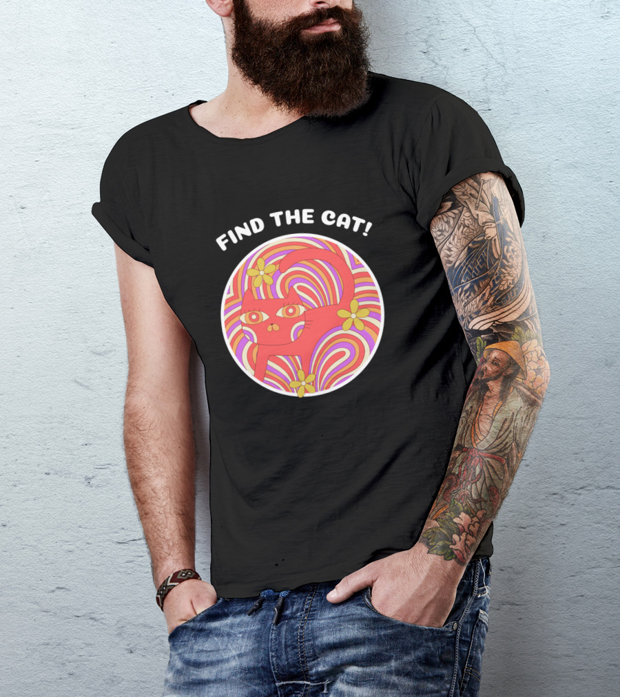FIND THE CAT Retro Groovy Colorful Flowers T-Shirt