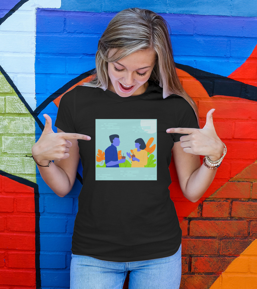 Flat Illustration Of Two People Talking With Tropical Leaves Background T-Shirt