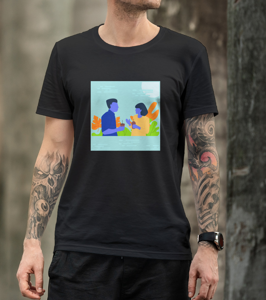 Flat Illustration Of Two People Talking With Tropical Leaves Background T-Shirt