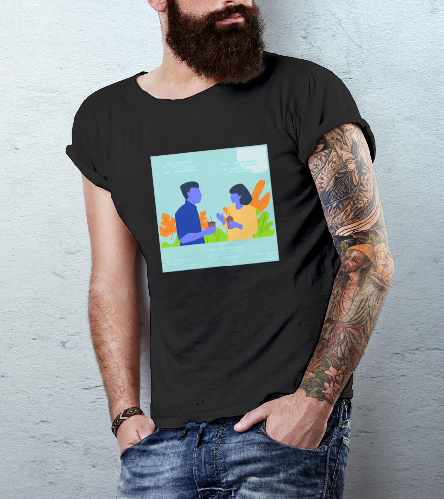 Flat Illustration Of Two People Talking With Tropical Leaves Background T-Shirt