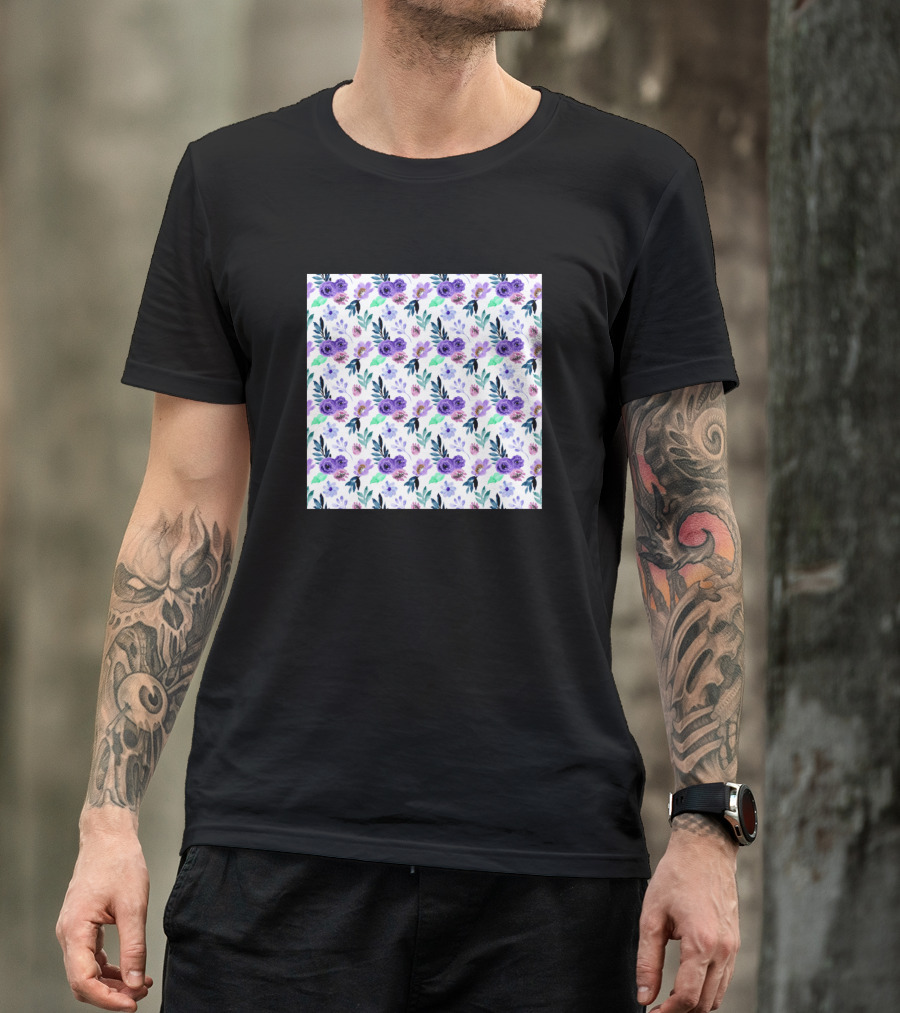 Floral Pattern Watercolor Purple Flowers Repeated T-Shirt