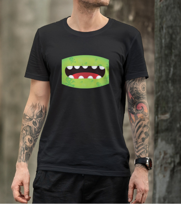 Funny Green Monster Mouth Mask With Skull And Crossbones T-Shirt