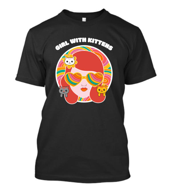 GIRL WITH KITTENS Rainbow Heart Sunglasses Retro Cats T-Shirt