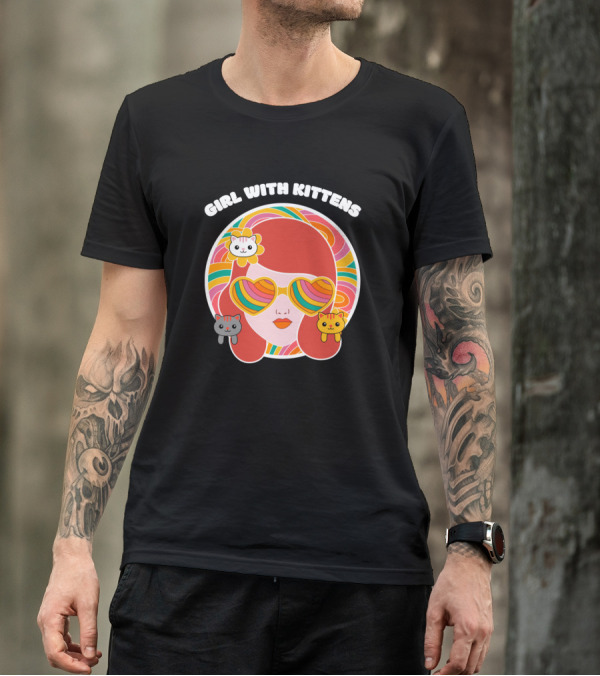 GIRL WITH KITTENS Rainbow Heart Sunglasses Retro Cats T-Shirt