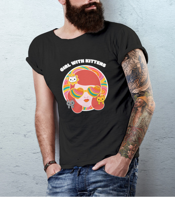 GIRL WITH KITTENS Rainbow Heart Sunglasses Retro Cats T-Shirt