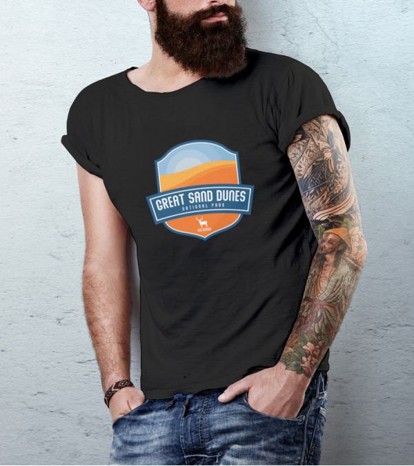 Great Sand Dunes National Park Colorado Sun And Mountains Badge T-Shirt