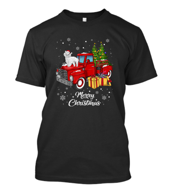 Maltese Riding Red Truck Merry Christmas With Gifts And Tree Snowflakes T-Shirt