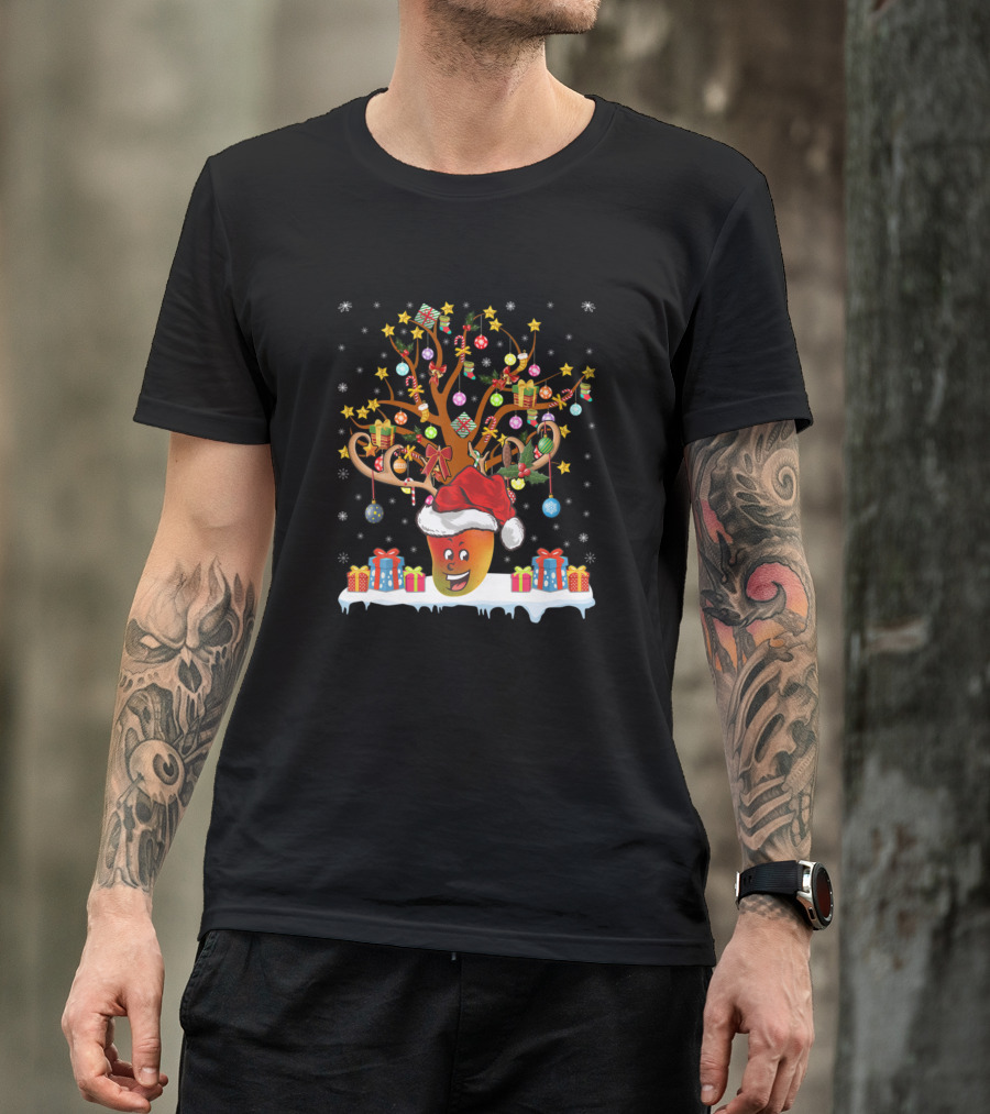 Mango Christmas Tree With Santa Hat And Colorful Ornaments T-Shirt