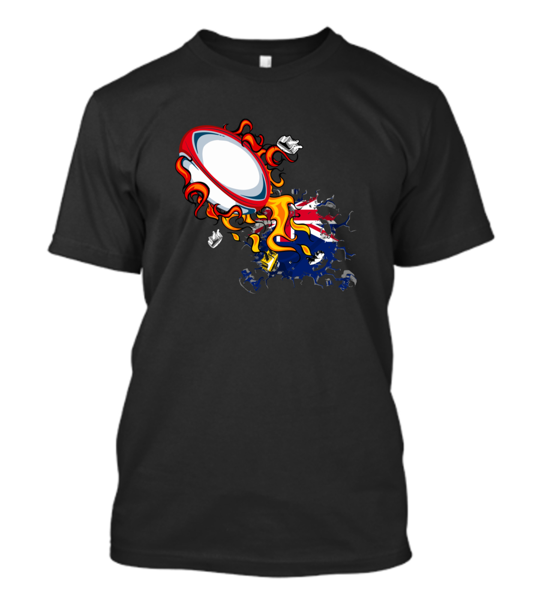 Flaming Rugby Ball With New Zealand Flag Elements T-Shirt