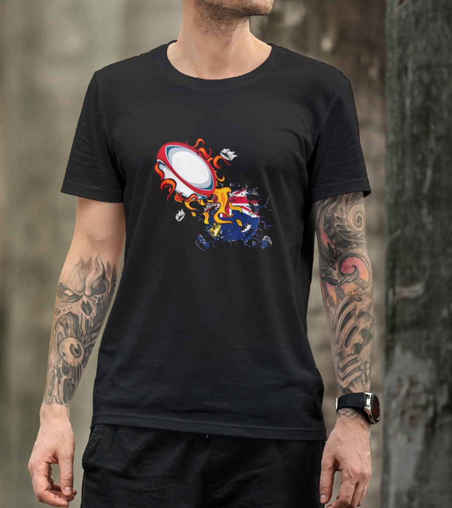 Flaming Rugby Ball With New Zealand Flag Elements T-Shirt