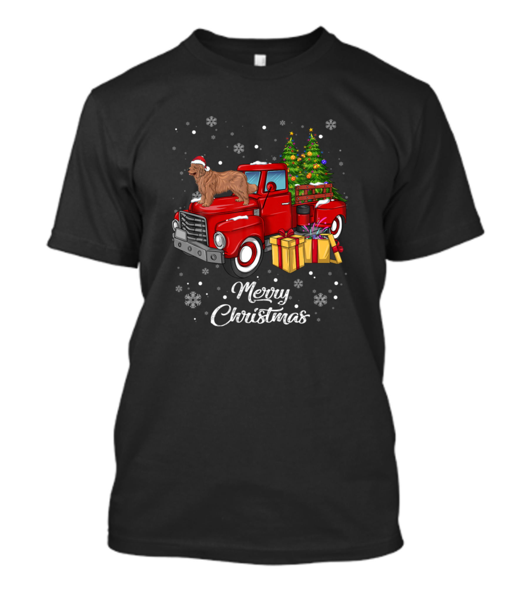 Newfoundland On Red Truck With Christmas Tree And Presents Merry Christmas T-Shirt