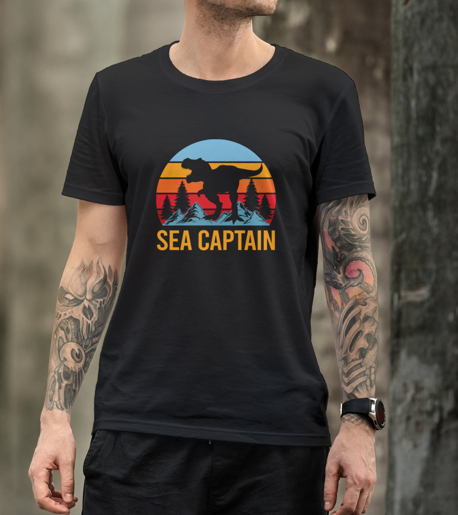 Sea Captain Dinosaur Silhouette In Retro Sunset Scene T-Shirt