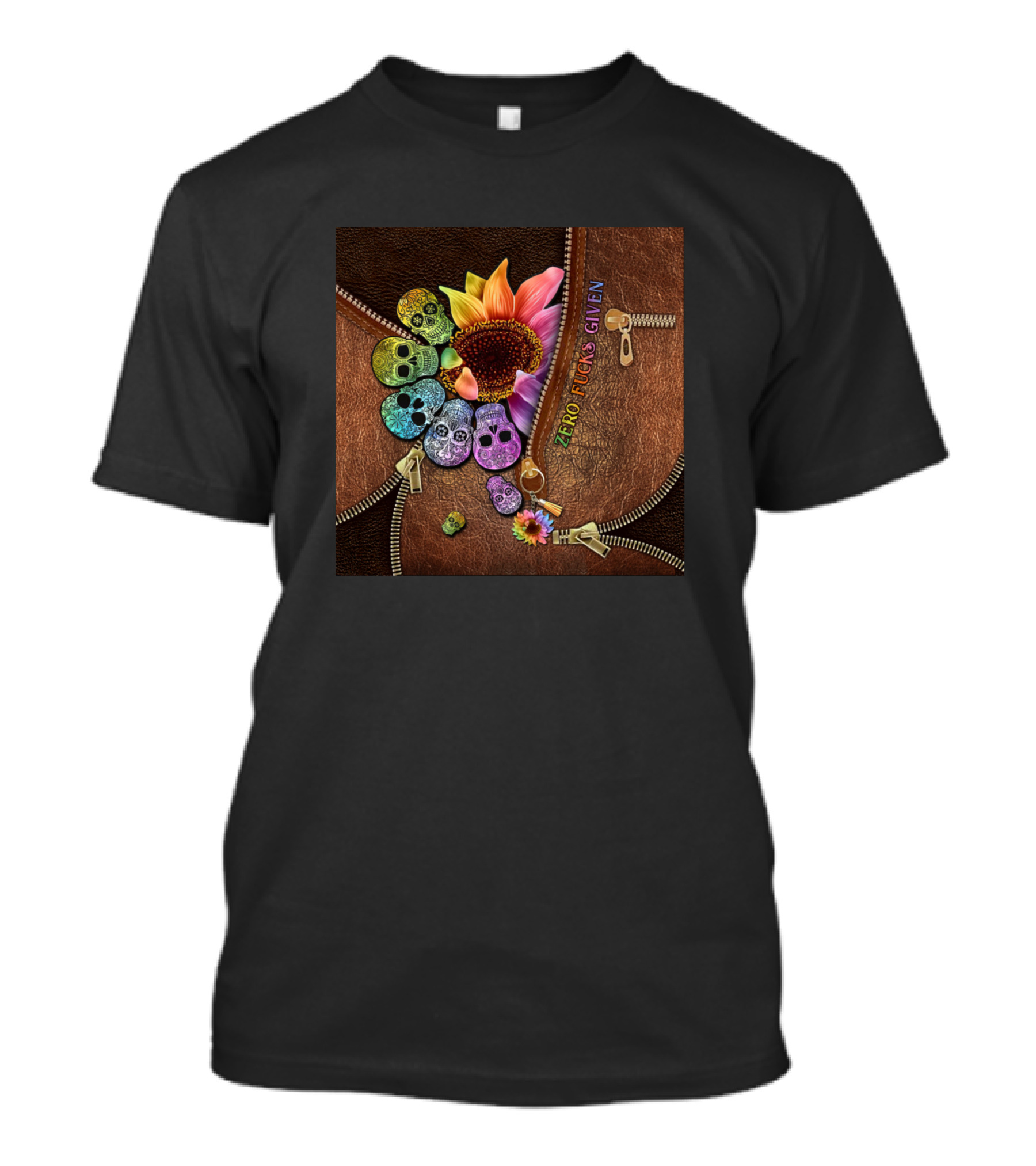 Zero Fcks Given Colorful Skulls With Flowers And Zipper Elements T-Shirt