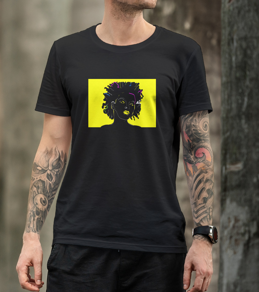 African American Girl Neon Colors On Black And Yellow Background T-Shirt