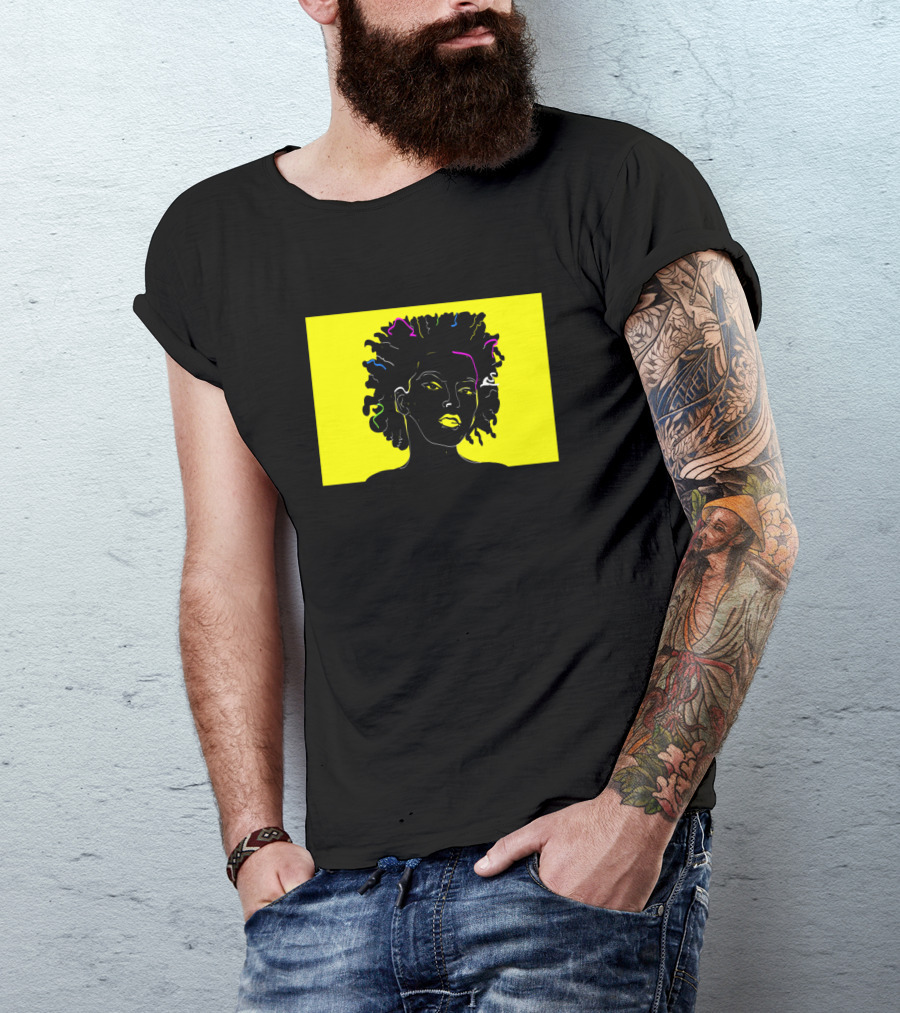 African American Girl Neon Colors On Black And Yellow Background T-Shirt