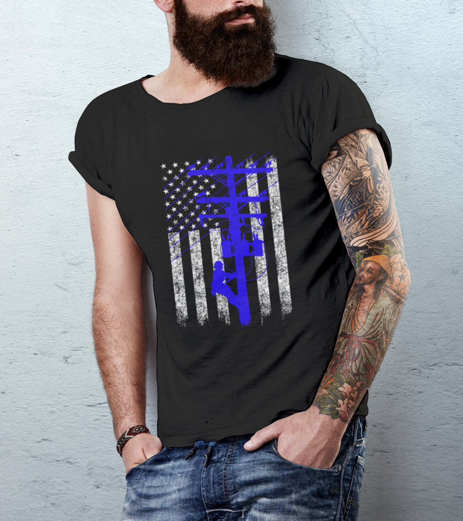 American Flag Lineman Blue Line Poleworker U.S. Flag T-Shirt