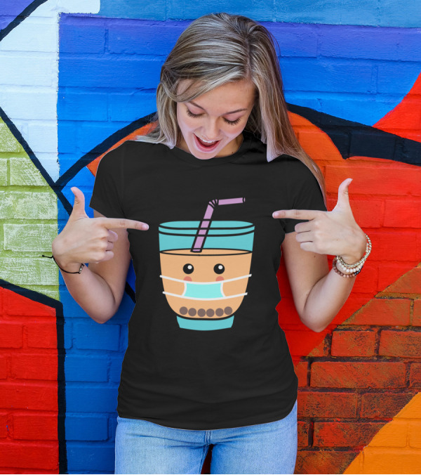 Mask Wearing Cute Bubble Tea Cup With Straw T-Shirt