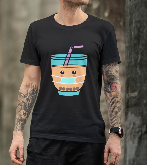 Mask Wearing Cute Bubble Tea Cup With Straw T-Shirt
