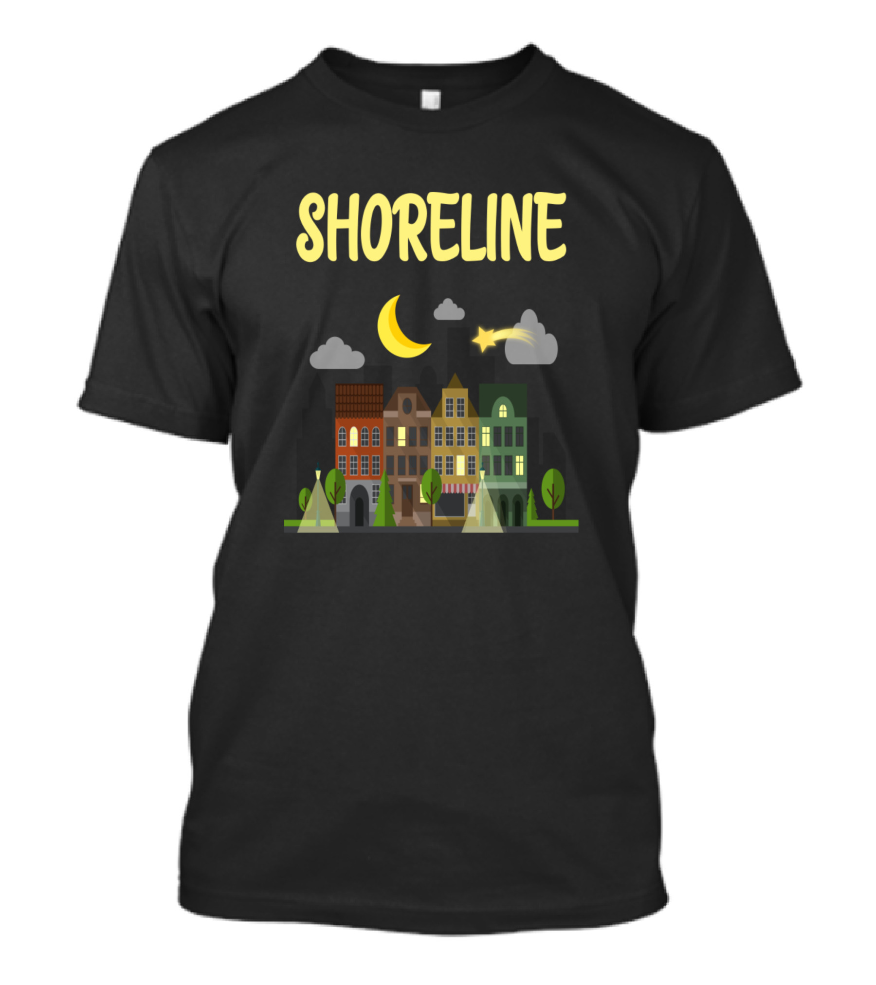 Shoreline Cityscape Night Scene Moon And Stars T-Shirt