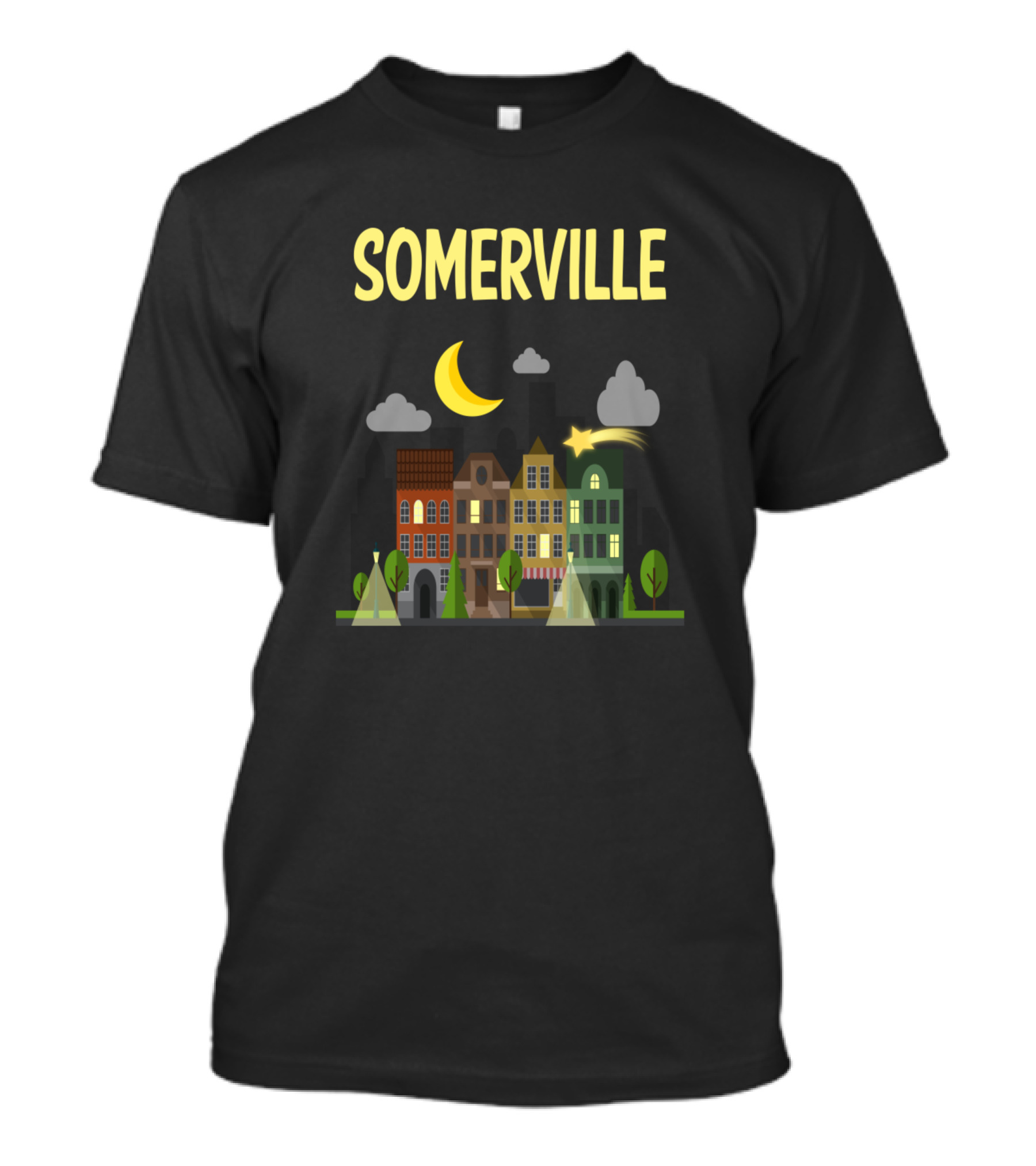 Somerville Night Cityscape With Moon And Shooting Star T-Shirt