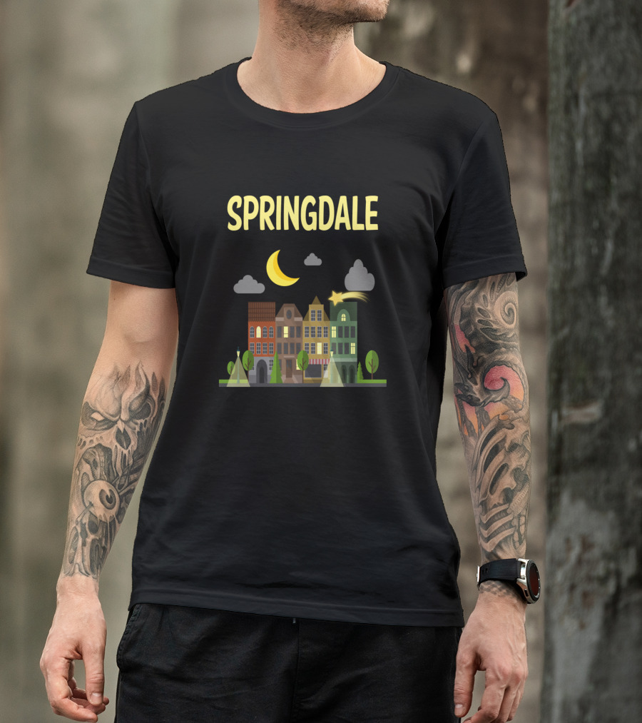Springdale Nighttime Cityscape With Moon And Stars T-Shirt