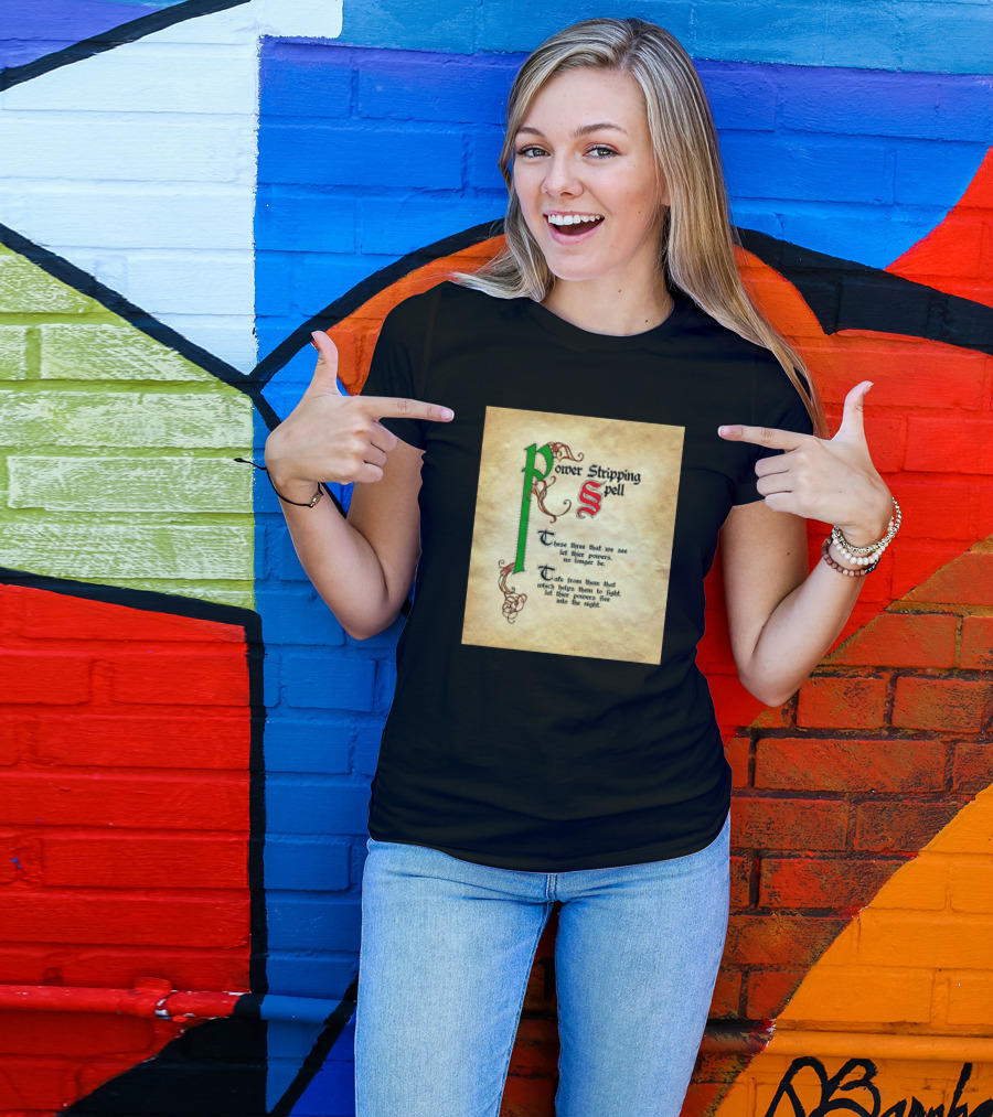 Power Stripping Spell Text With Colorful Initials And Magical Script Elements T-Shirt