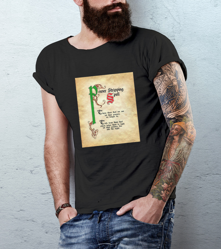 Power Stripping Spell Text With Colorful Initials And Magical Script Elements T-Shirt