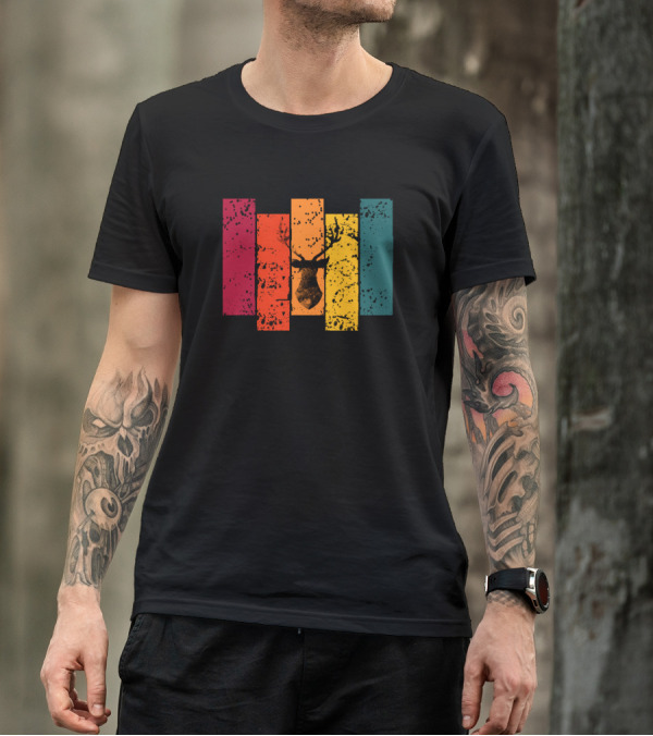 Retro Colorful Deer Vintage Silhouette Stripes T-Shirt