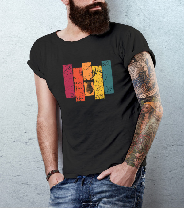Retro Colorful Deer Vintage Silhouette Stripes T-Shirt