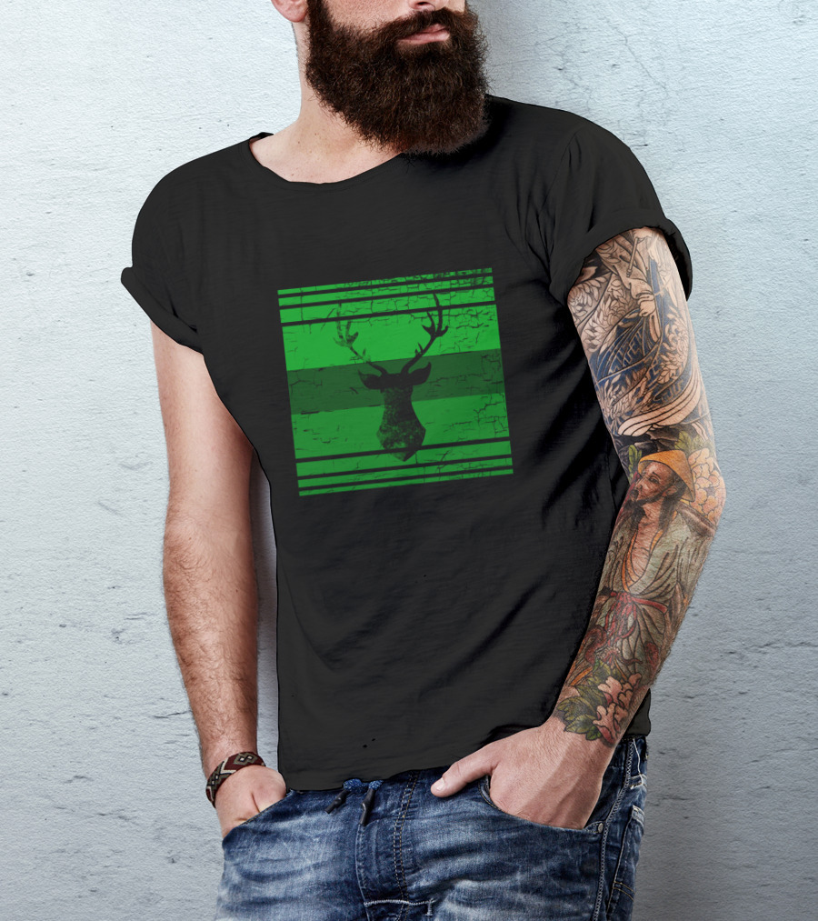 Retro Deer Antlers Green Stripe T-Shirt