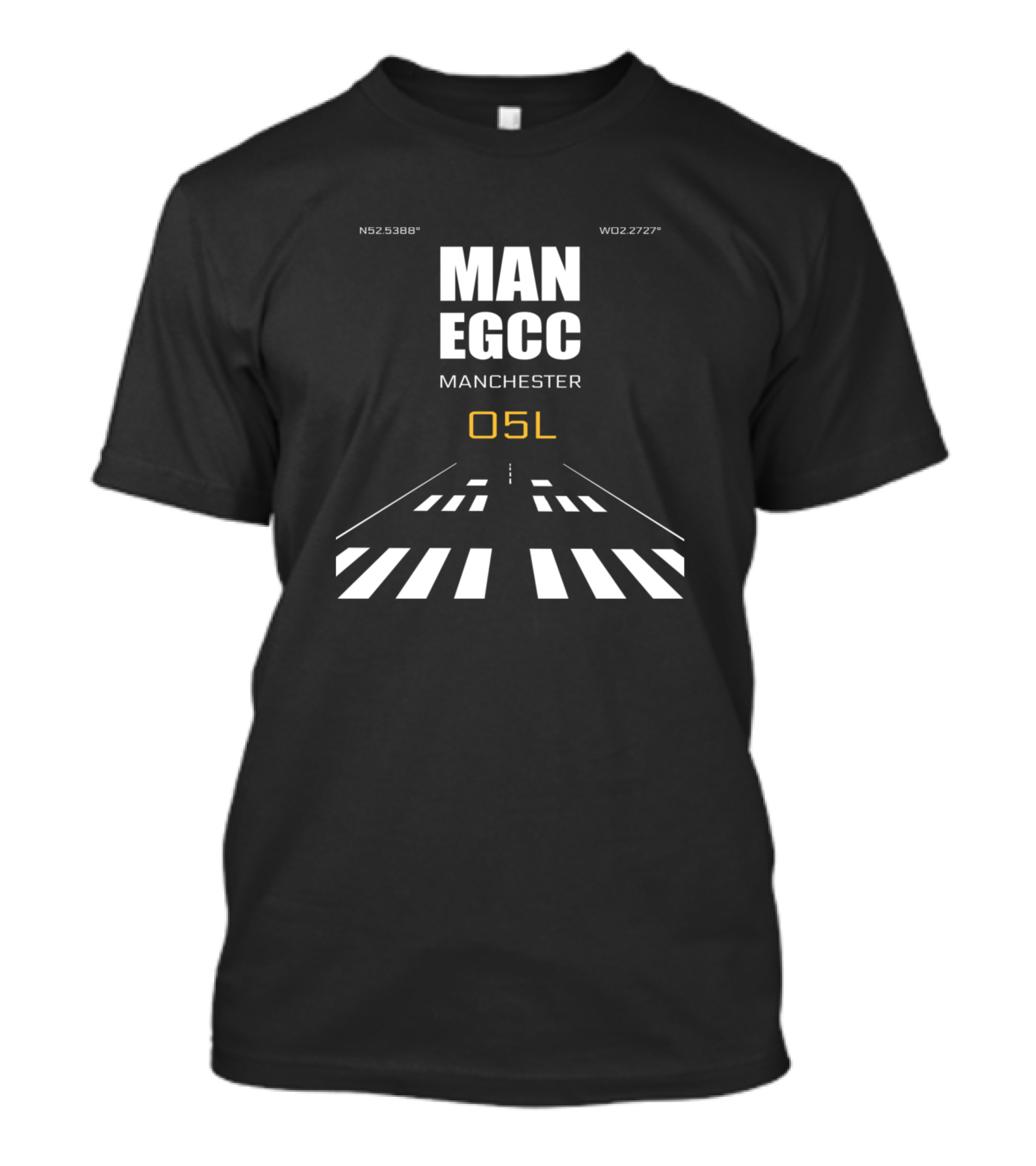 MAN EGCC Manchester 05L Runway Coordinates NS52.5388 WO2.2727 T-Shirt