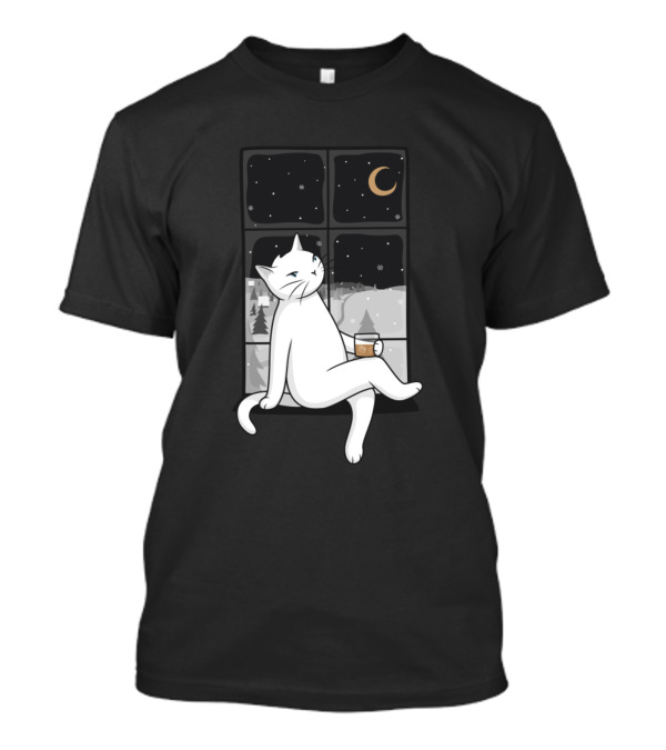 The Winter Night Is The Perfect Sight With Cat By The Window And Moonlit Snowy Scene T-Shirt
