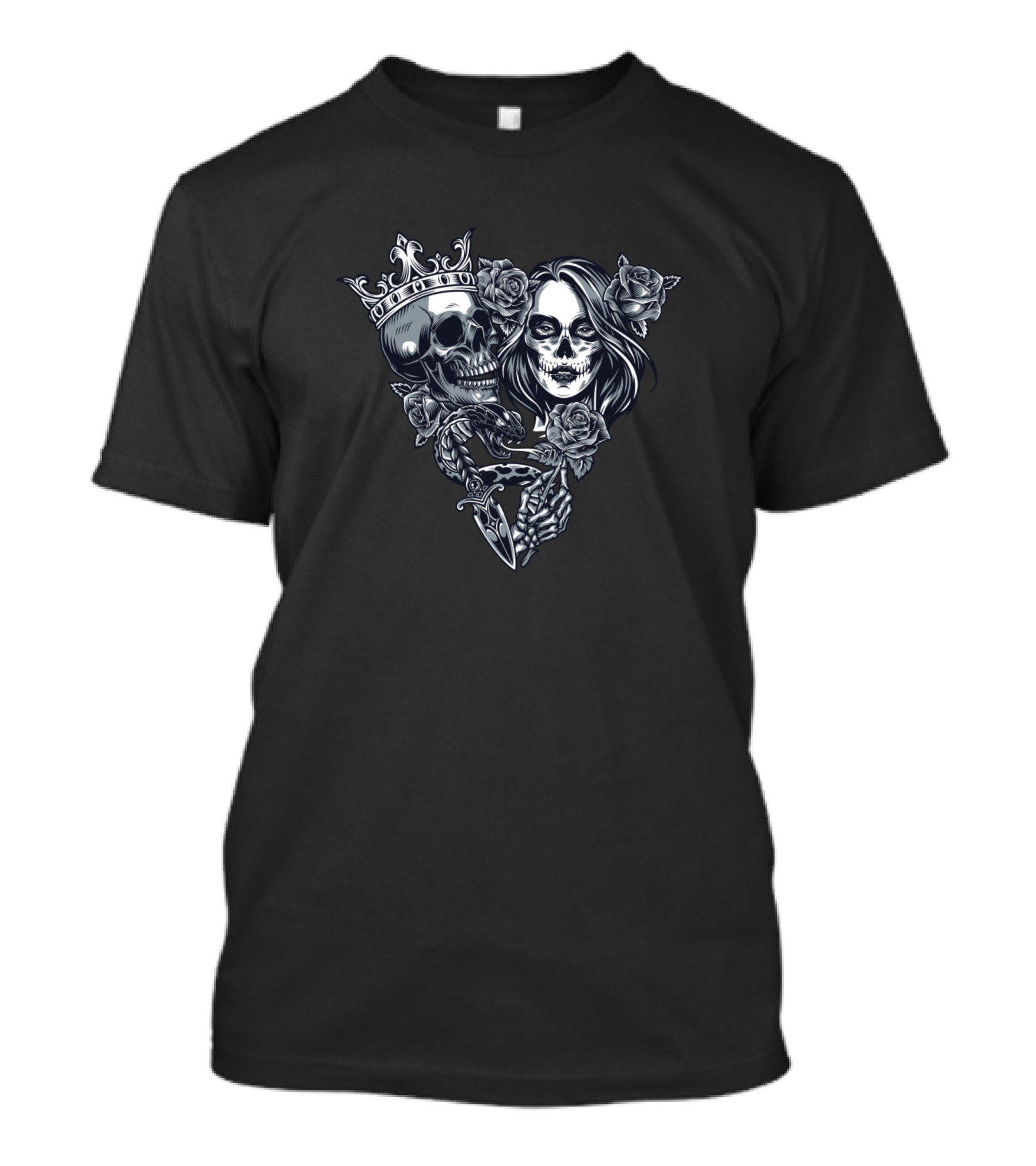 Crowned Skull And Woman With Roses In Triangle T-Shirt