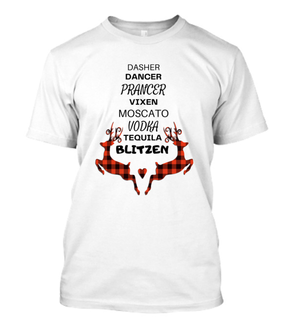 Dasher Dancer Prancer Vixen Moscato Vodka Tequila Blitzen Buffalo Plaid Reindeer T-Shirt