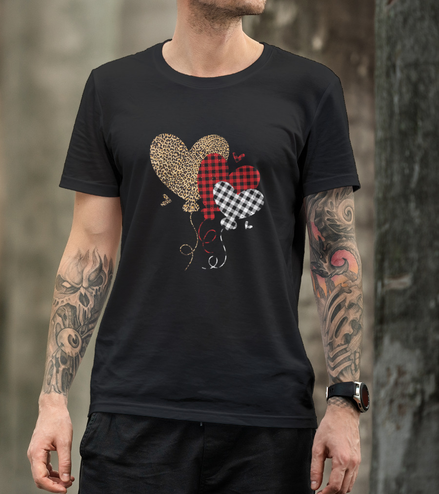 Buffalo Red Black Plaid Leopard Hearts Valentine Balloons T-Shirt