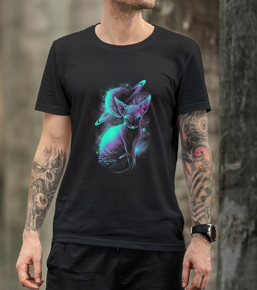 Hairless Cat In Neon Galaxy With Saturn T-Shirt